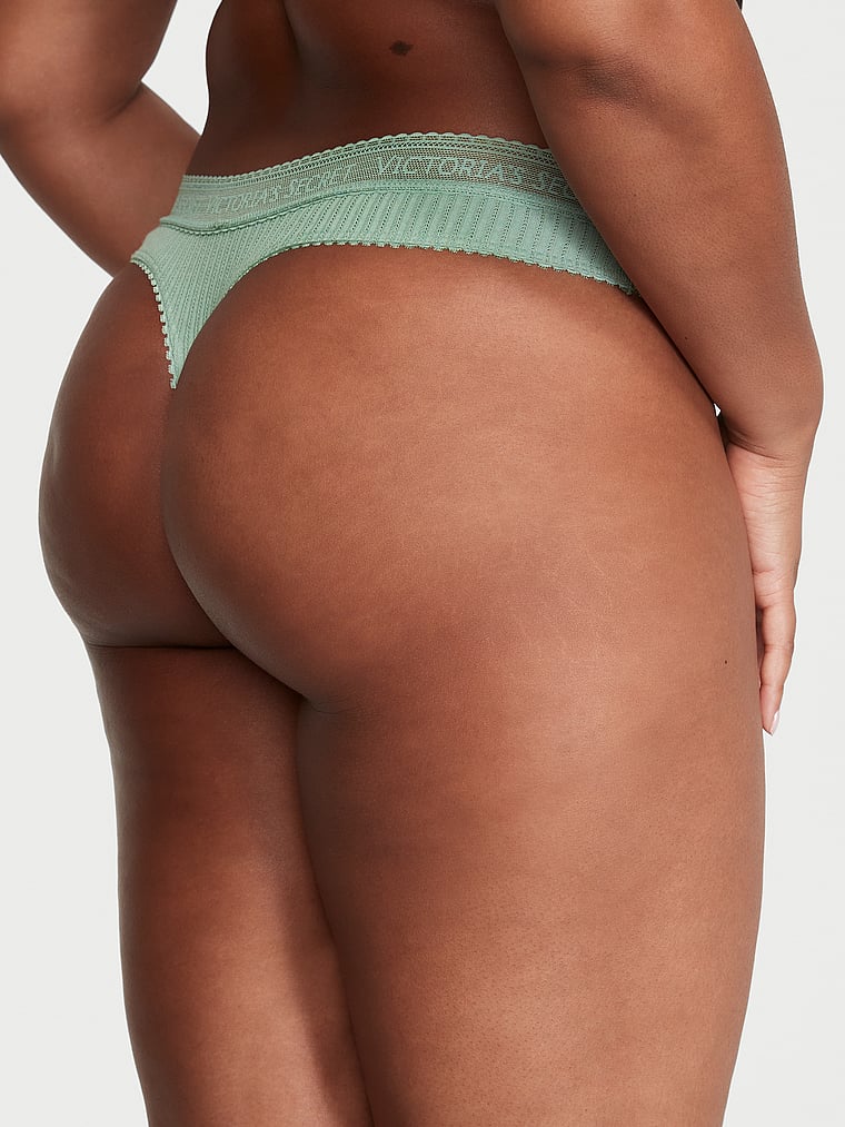 Tanga De Algodón Con Cintura De Encaje Y Logotipo, Green, large