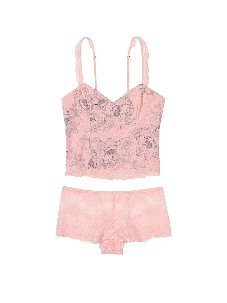 Modal & Lace Cropped Cami Set, Pink Outline Floral, large